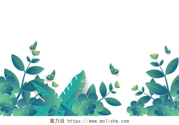 热带植物矢量立体树叶夏天蝴蝶边框免抠图